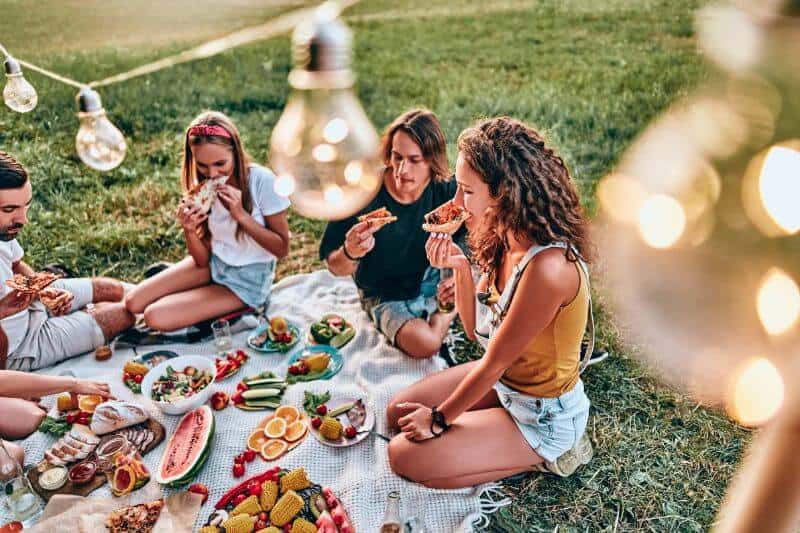 group of people sitting on a picnic blanket eating and drinking - picnic party idea for summer