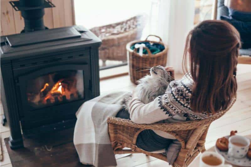 snuggling with the cat in front of the fireplace