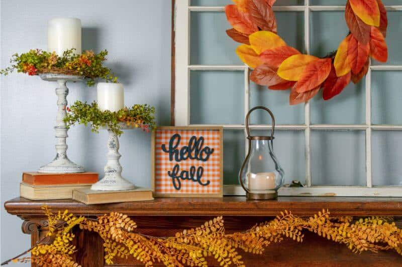 fall decorations on a mantel