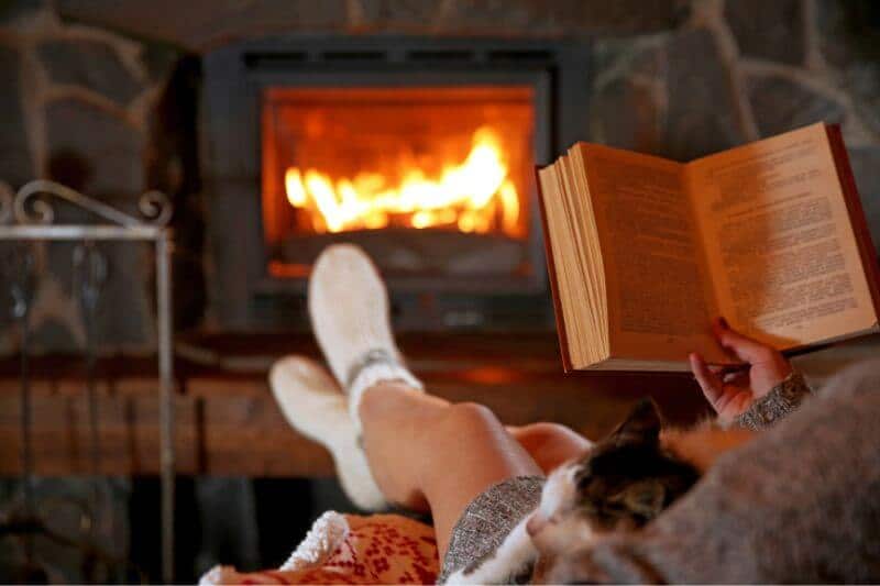 Woman reading a book by the fireplace with a cat on her lap. cozy concept.