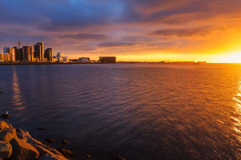 Midsummer Sunset over Reykjavik, Iceland.