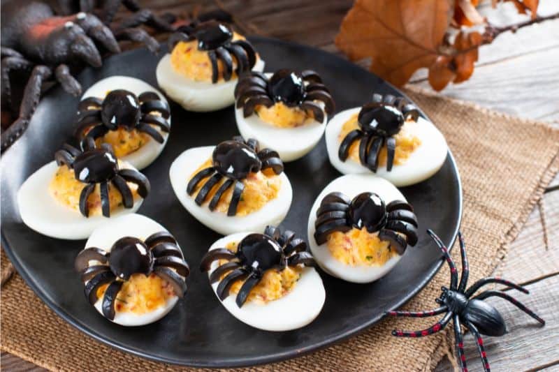 Halloween Deviled Eggs with Black Olive Spiders