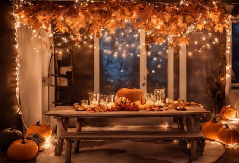 fall party decorations with fairy lights