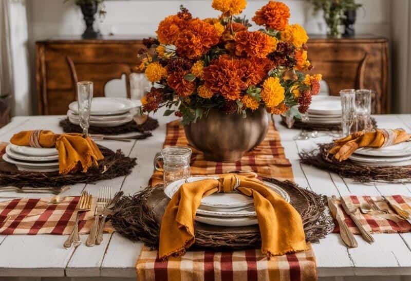 fall tablescape with buffalo check table runner and napkins, marigold floral arrangement