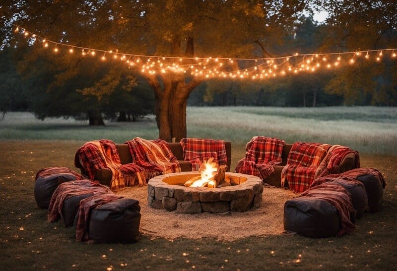 hay bales with plaid throws arranged around a fire pit, lanterns hanging from tree branches, al fresco autumn gathering.