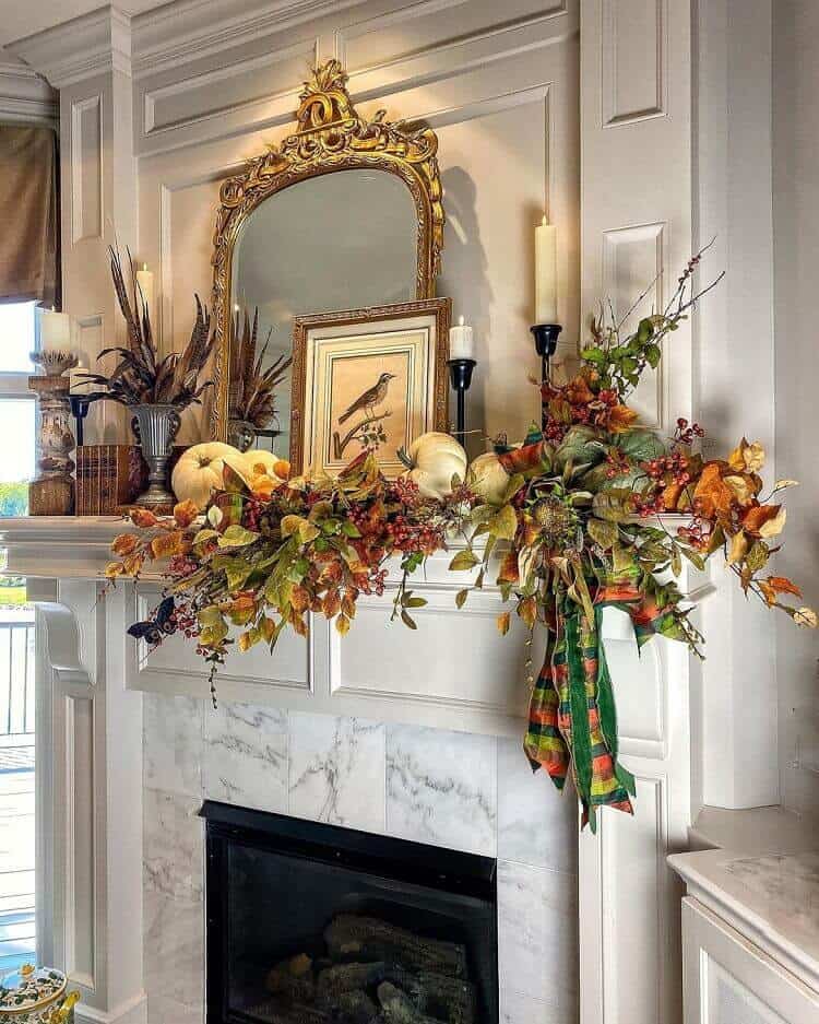 Berries, Leaves and White Pumpkins Mantel Decor