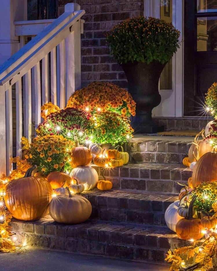 Porch Steps with Lighted Pumpkins