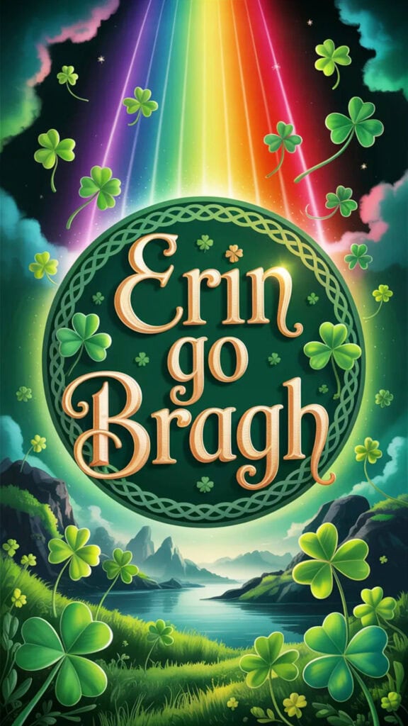Magical St. Patrick’s Day phone wallpaper featuring Irish scenery, glowing light, and the text “Erin Go Bragh”.