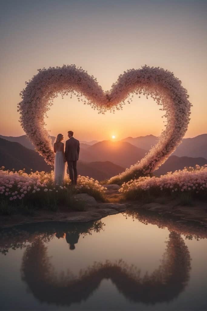 Floral Heart with Romantic Couple at Sunset
