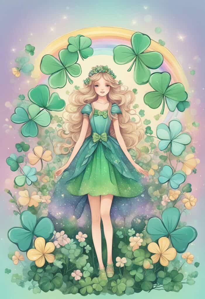 Green Fairy Surrounded by Shamrocks and A Rainbow