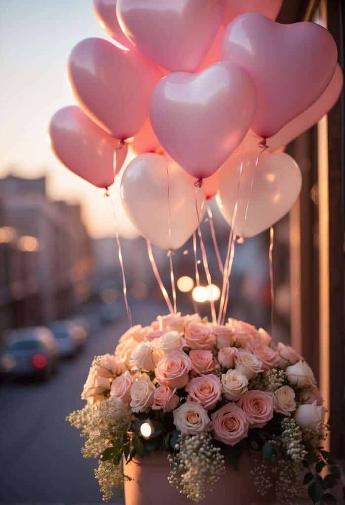 Pink Heart-Shaped Balloons and Soft Pink Roses Phone Wallpaper