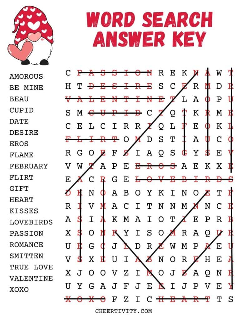 Printable Valentine's Day Word Search Answer Key