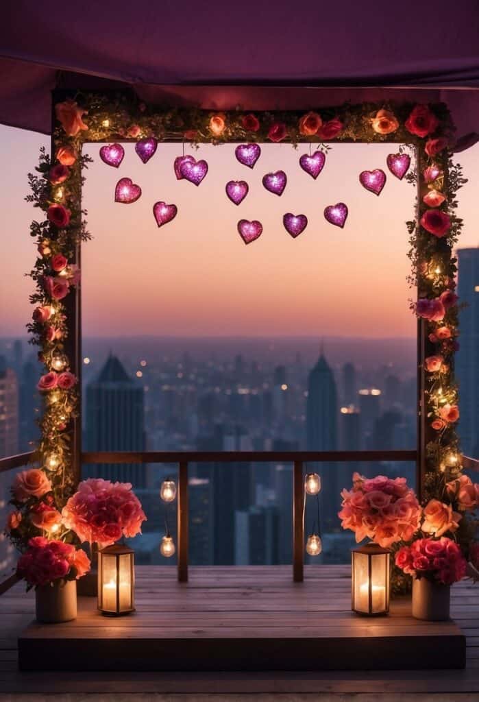 Romantic Arch with Hearts, Lanterns and Sunset Backdrop