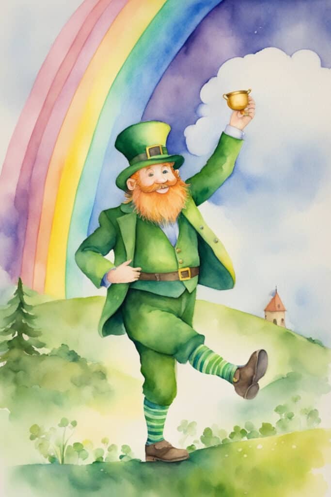 leprechaun walking under a rainbow