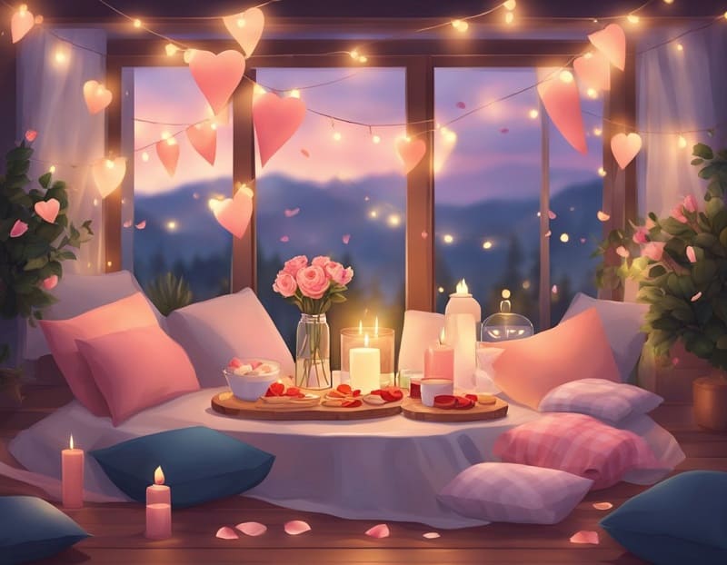 romantic Valentine indoor picnic with blankets, pillows, rose petals and fairy lights