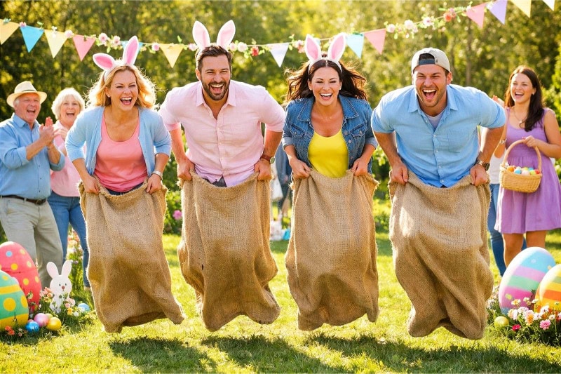 Adults happily jumping in burlap sacks during an outdoor Easter-themed sack race with spectators watching.