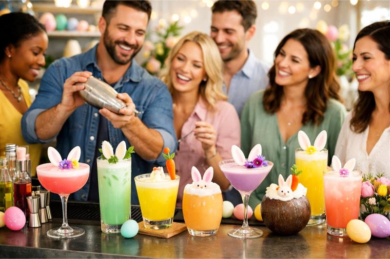 Adults participating in a cocktail mixology class with colorful bunny-themed drinks and Easter decorations.
