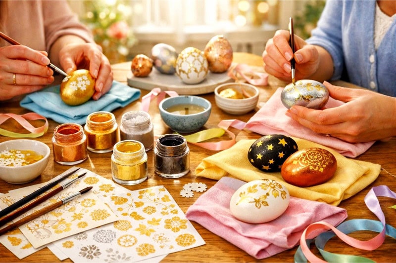 Adults decorating Easter eggs with metallic paints and decals at a table filled with art supplies and decorated eggs.