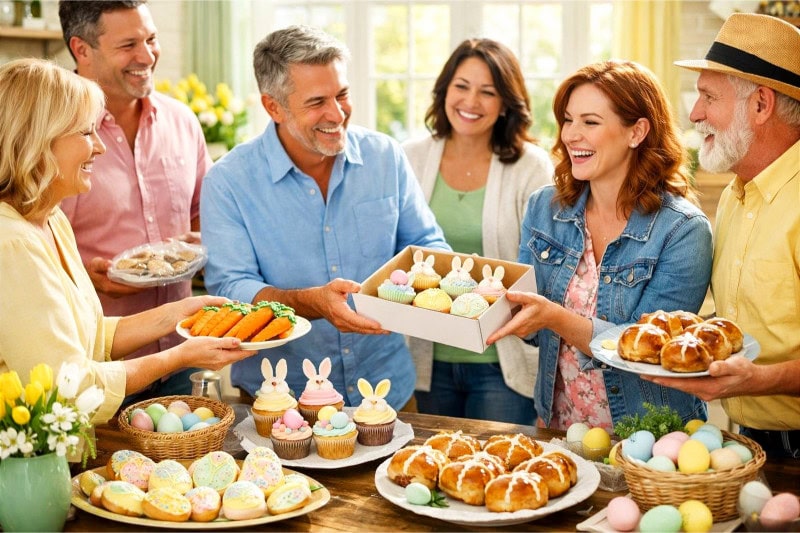 Adults exchanging and sharing a variety of decorated Easter-themed baked goods around a wooden table in a bright kitchen.