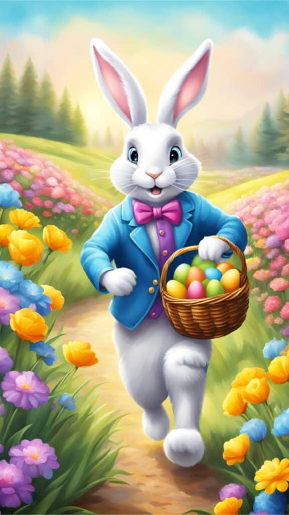 The Easter bunny hops through a field of colorful flowers, carrying a basket filled with decorated eggs