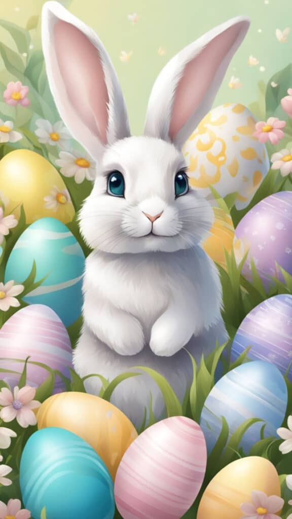 A cute bunny surrounded by pastel-colored Easter eggs and flowers