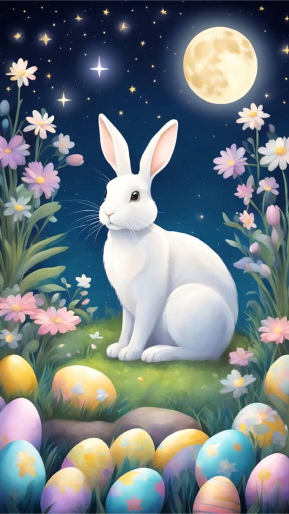 A full moon illuminates a tranquil garden, adorned with pastel-colored Easter eggs, blooming flowers, and a peaceful bunny resting under a starry sky