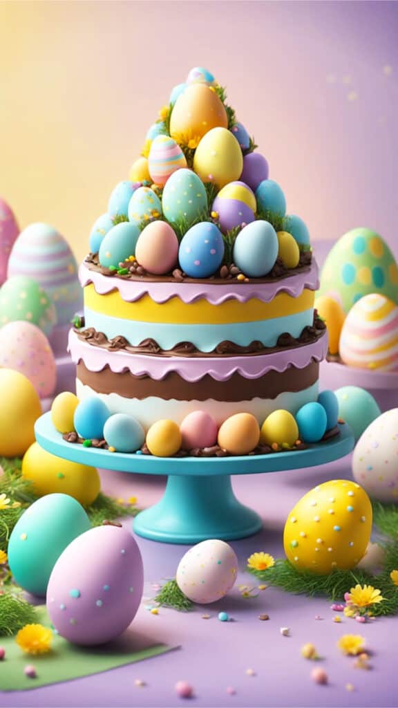 A colorful Easter cake adorned with pastel icing, sprinkles, and chocolate eggs sits on a decorated table