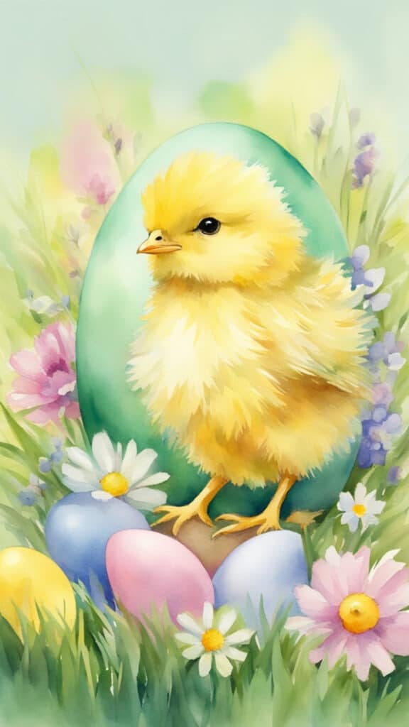 A fluffy yellow Easter chick hatching from a pastel-colored egg surrounded by spring flowers and green grass