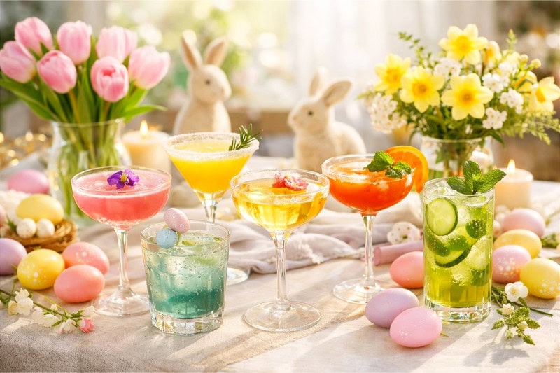 A table set with colorful Easter cocktails, spring flowers, and pastel decorations for an adult Easter party.