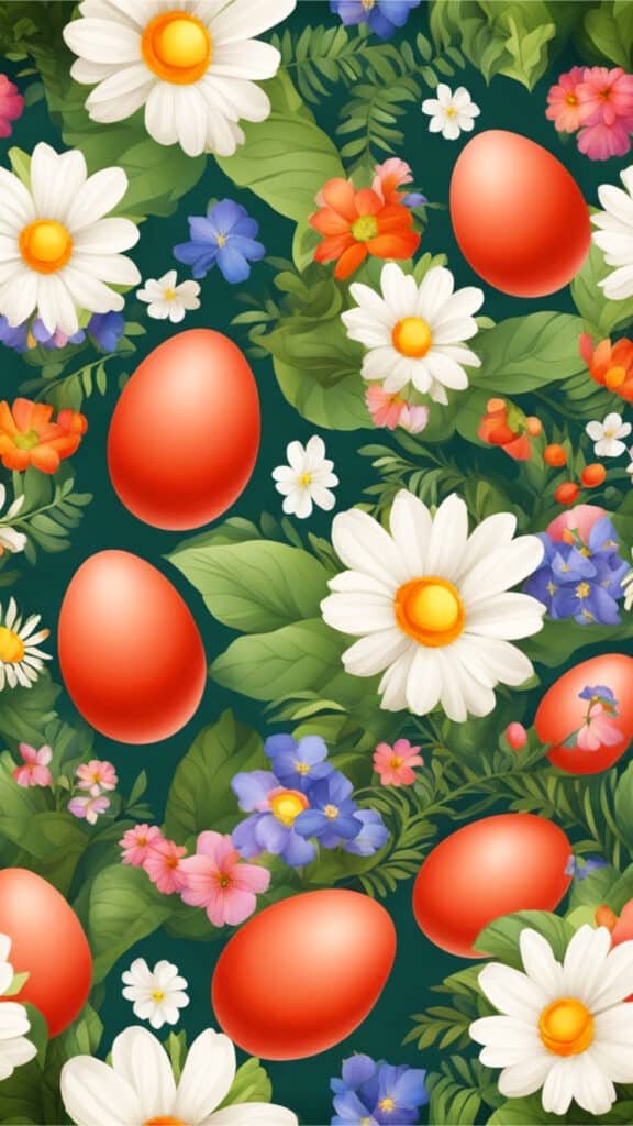 Vibrant red eggs arranged with colorful flowers and greenery