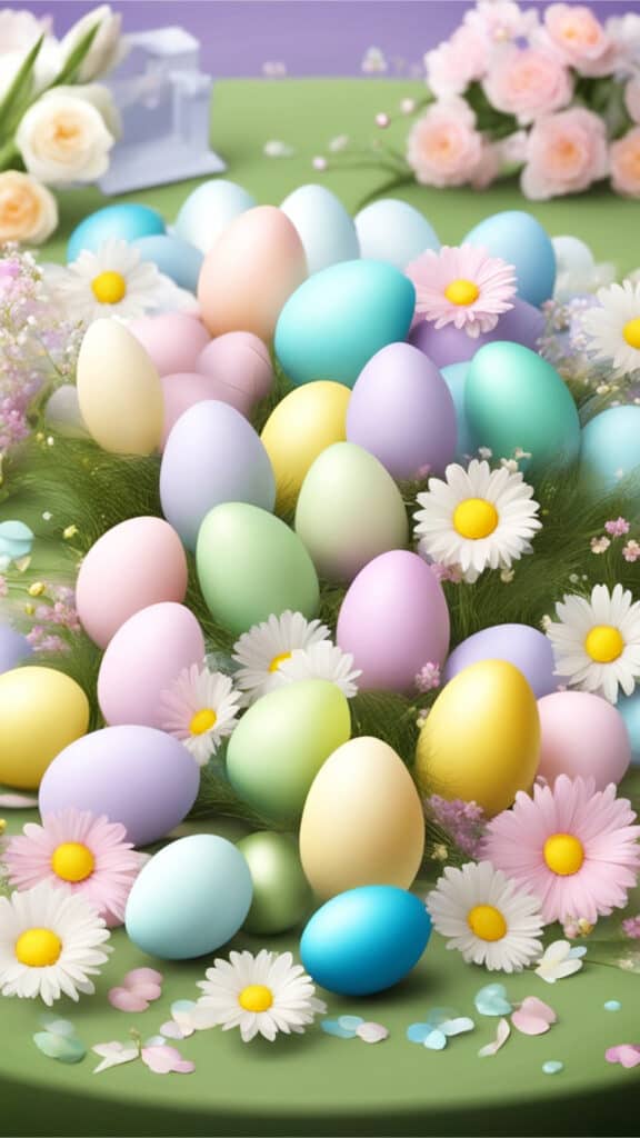 A table covered in pastel-colored Easter eggs, surrounded by glittering decorations and spring flowers