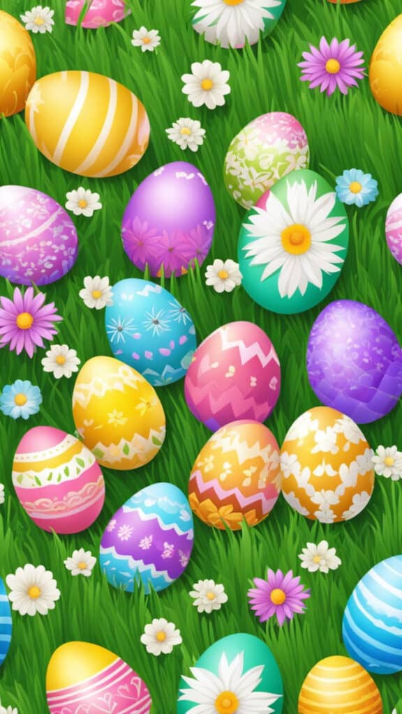 Colorful Easter eggs arranged in a circular pattern with vibrant flowers and green grass in the background