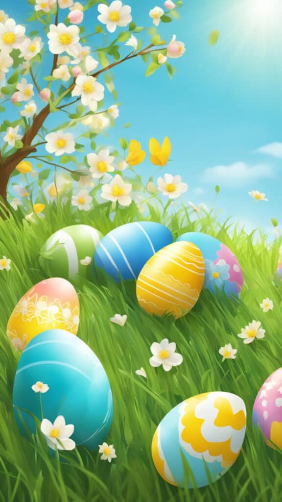 Colorful Easter eggs scattered on green grass with blooming flowers and a bright blue sky in the background