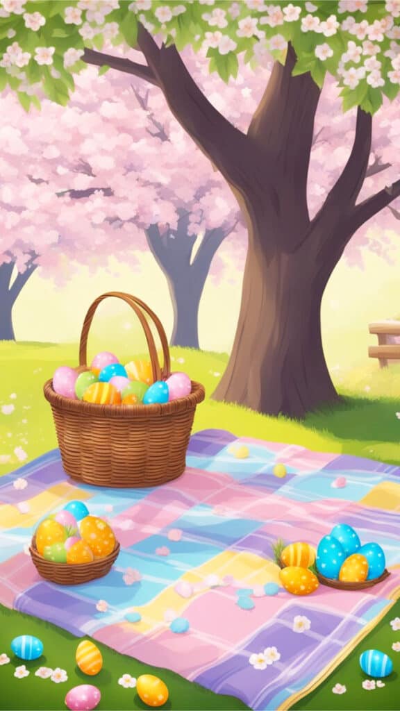 A colorful blanket spread out under a blooming cherry blossom tree, with pastel-colored Easter eggs scattered around and a wicker basket filled with treats