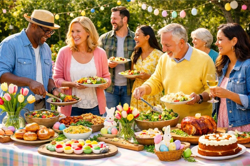 Adults enjoying a festive outdoor Easter potluck with a table full of spring dishes and decorations.