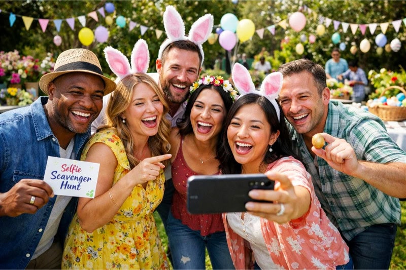 A group of adults outdoors smiling and taking selfies during an Easter scavenger hunt with colorful decorations and hidden Easter eggs.