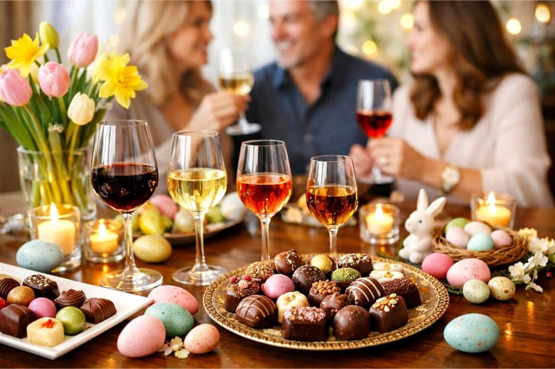 A table set with wine glasses, assorted chocolates, Easter decorations, and people socializing in the background.
