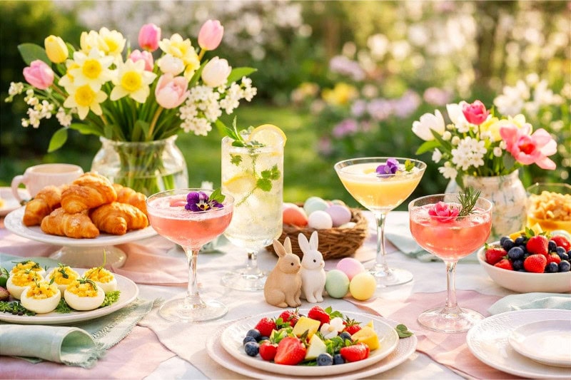 A beautifully set outdoor brunch table with spring flowers, gourmet dishes, and floral cocktails in a garden.