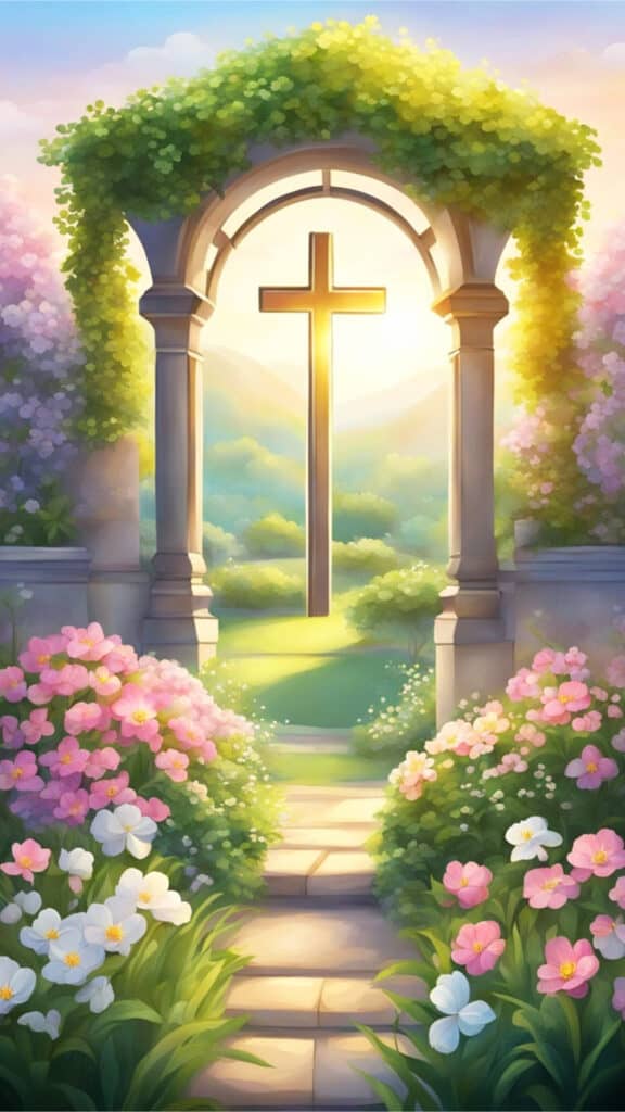 A serene garden with blooming flowers, a radiant sunrise, and a cross adorned with spring blossoms