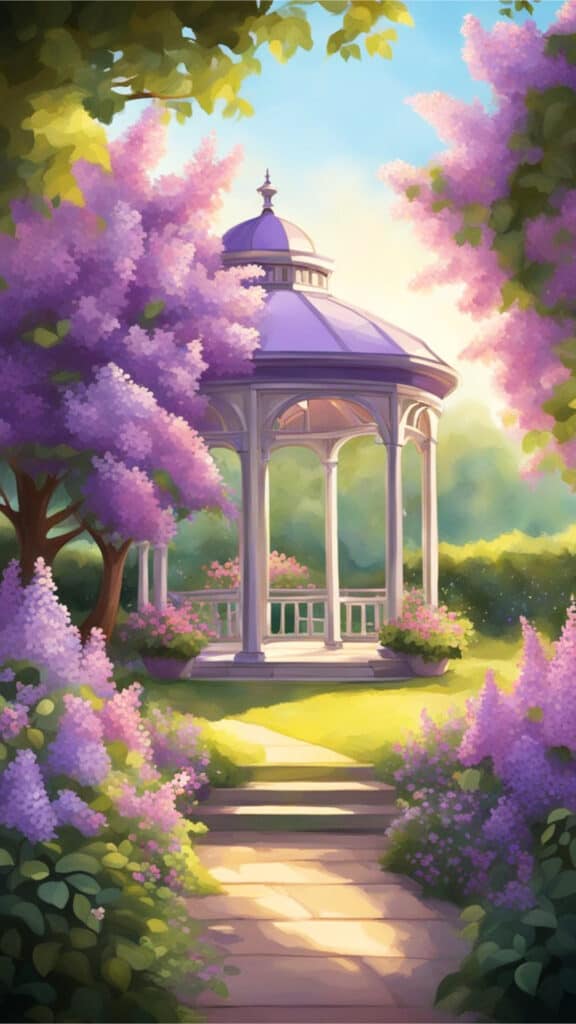 A lilac gazebo stands in a lush garden, surrounded by blooming flowers and vibrant greenery, with the sun casting a warm glow over the scene