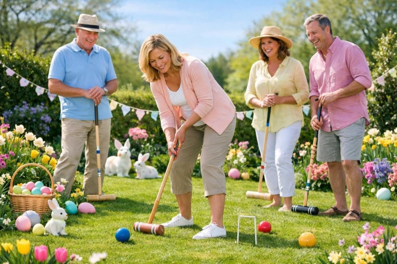 Adults playing croquet on a green lawn decorated with a few Easter decorations and vibrant spring flowers.