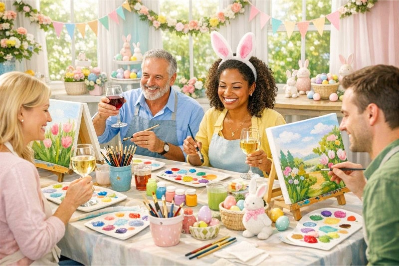 Adults painting on canvases and enjoying wine at a spring-themed party decorated with pastel colors and Easter decorations.