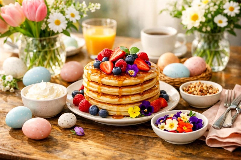 A table set with a stack of pancakes topped with fresh berries and syrup, surrounded by bowls of toppings and Easter decorations.