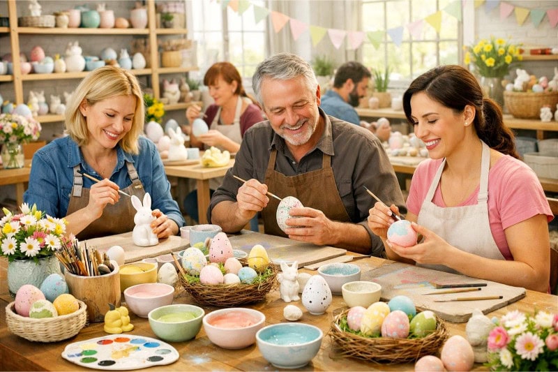 Adults working on painting and shaping Easter-themed pottery in a bright workshop filled with art supplies and finished ceramic pieces.