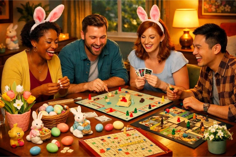 A group of adults playing classic board games around a decorated table with Easter eggs and spring decorations in a cozy indoor setting.