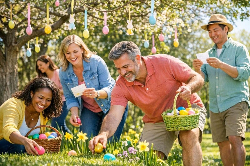 A group of adults outdoors playing an Easter scavenger hunt with colorful decorations.