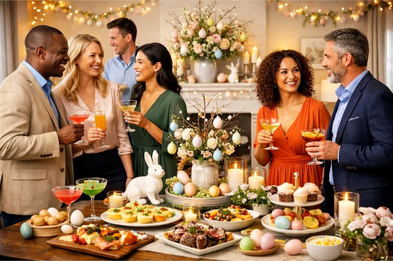 A group of adults enjoying a stylish indoor Easter party with pastel decorations, food, and drinks around a table.