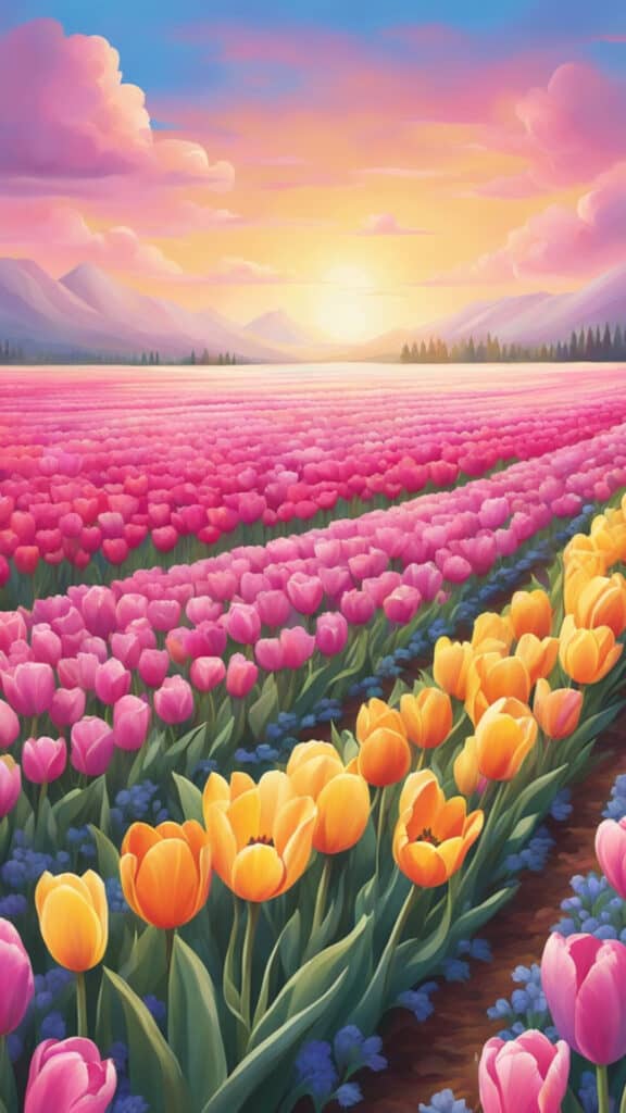 A field of vibrant tulips in various shades of pink, purple, and yellow, with a backdrop of a clear blue sky and a few fluffy white clouds