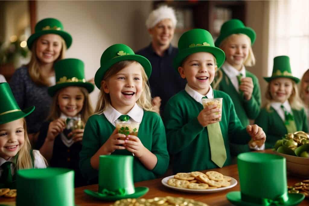 Children playing games, wearing green hats and shamrock decorations, dancing to Irish music, and enjoying themed snacks at a St. Patrick's Day party