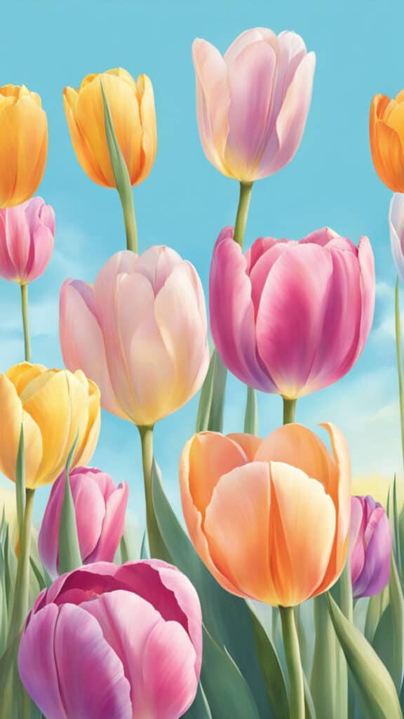 Vibrant tulips bloom in a pastel-colored field under a bright blue sky